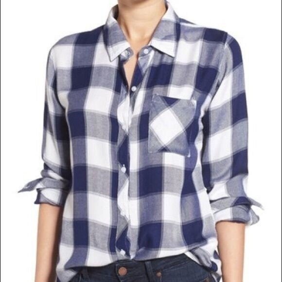 Rails Women's Medium Hunter Navy White Buffalo Plaid Shirt Button Down - Picture 1 of 7